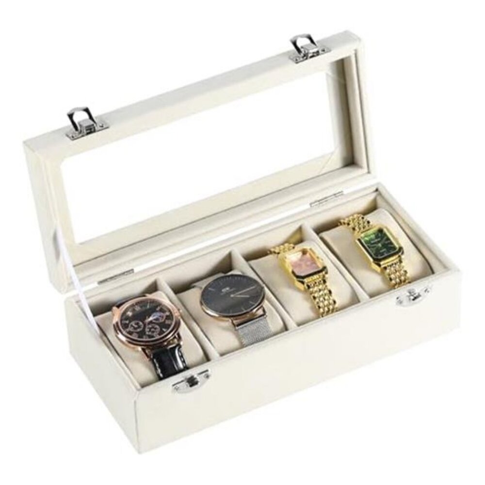 4-Slot Watch Box,Velvet Watch Case with Glass Lid,Watch Organizer Box